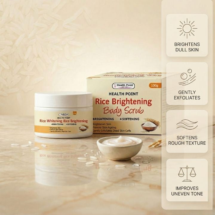 Health Point Rice Brightening Body Scrub key benefits image for dull skin exfoliation and soft smooth skin