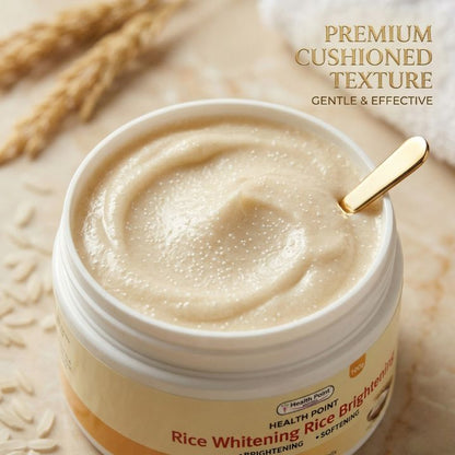 Health Point Rice Brightening Body Scrub texture close up with creamy base and fine scrub particles