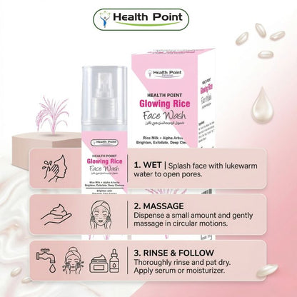 Health Point Glowing Rice Face Wash how to use image with simple skincare routine steps