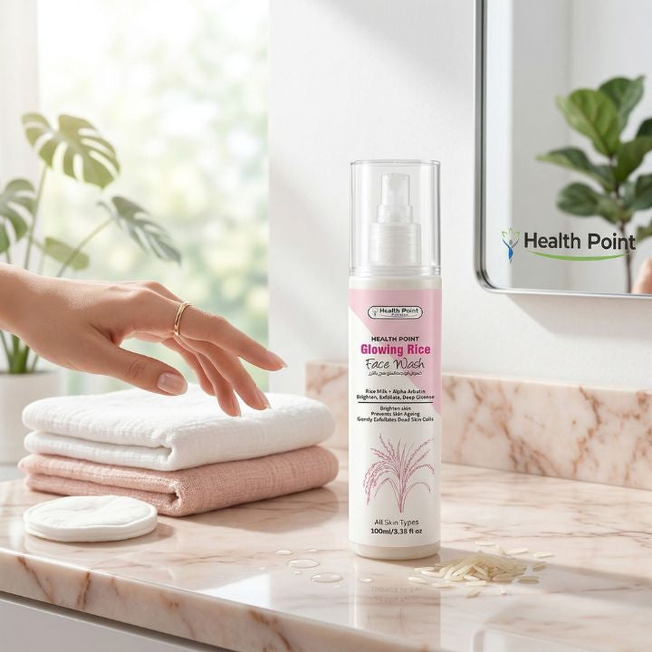 Health Point Glowing Rice Face Wash lifestyle image in bright clean summer skincare setting