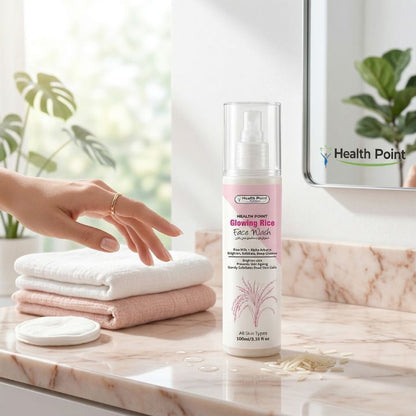 Health Point Glowing Rice Face Wash lifestyle image in bright clean summer skincare setting