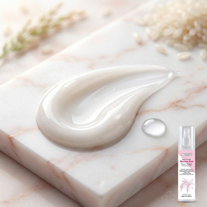 Health Point Glowing Rice Face Wash texture close up image with premium skincare gel texture