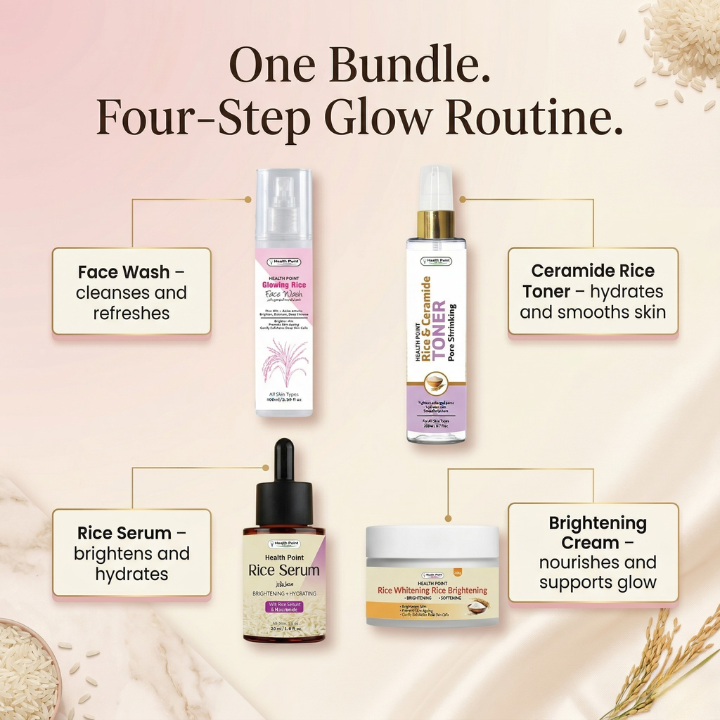 Health Point Rice Glow Bundle four step routine with face wash serum brightening cream and rice toner