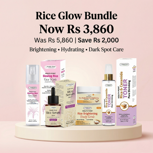 Health Point Rice Glow Bundle price offer in Pakistan with face wash, rice serum, brightening cream and ceramide rice toner
