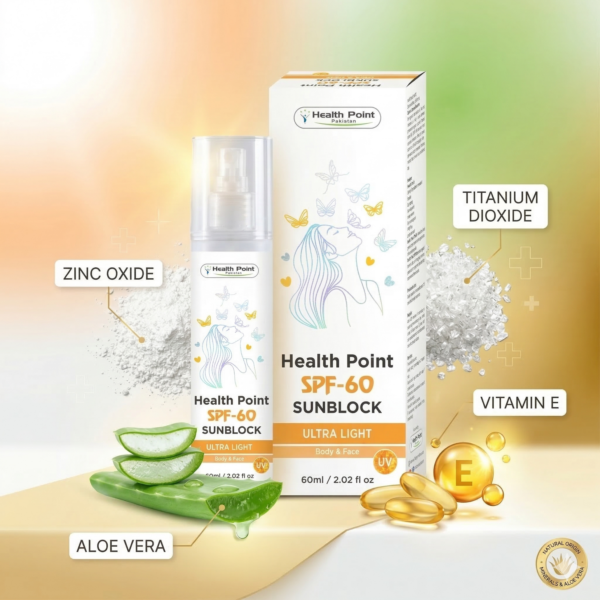 Premium ingredient breakdown for Health Point SPF-60 Sunblock featuring Zinc Oxide, Titanium Dioxide, soothing Aloe Vera, and Vitamin E capsules on a luxury sunlit background.