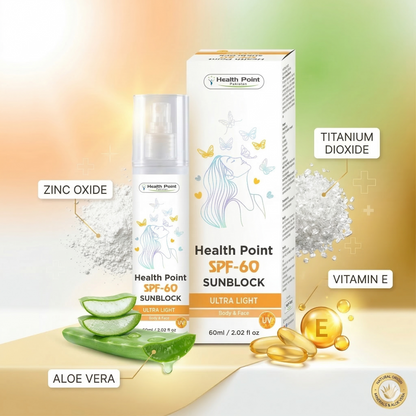 Premium ingredient breakdown for Health Point SPF-60 Sunblock featuring Zinc Oxide, Titanium Dioxide, soothing Aloe Vera, and Vitamin E capsules on a luxury sunlit background.