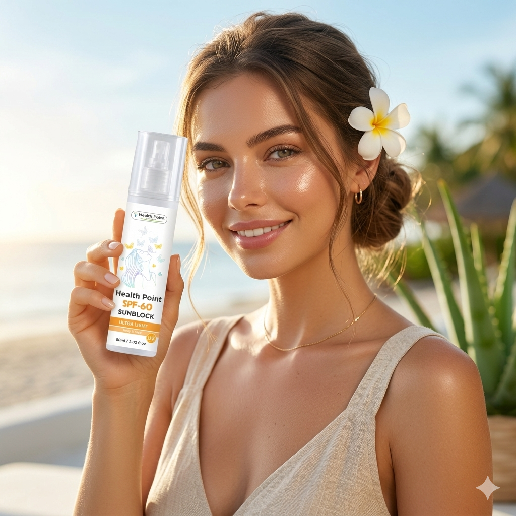 Health Point SPF-60 Sunblock held by a radiant woman with glowing skin, offering premium UVA/UVB protection in Pakistan.