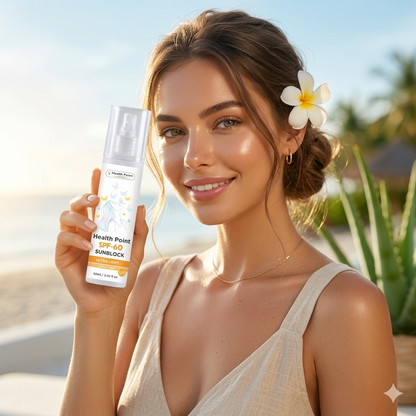 Health Point SPF-60 Sunblock held by a radiant woman with glowing skin, offering premium UVA/UVB protection in Pakistan.