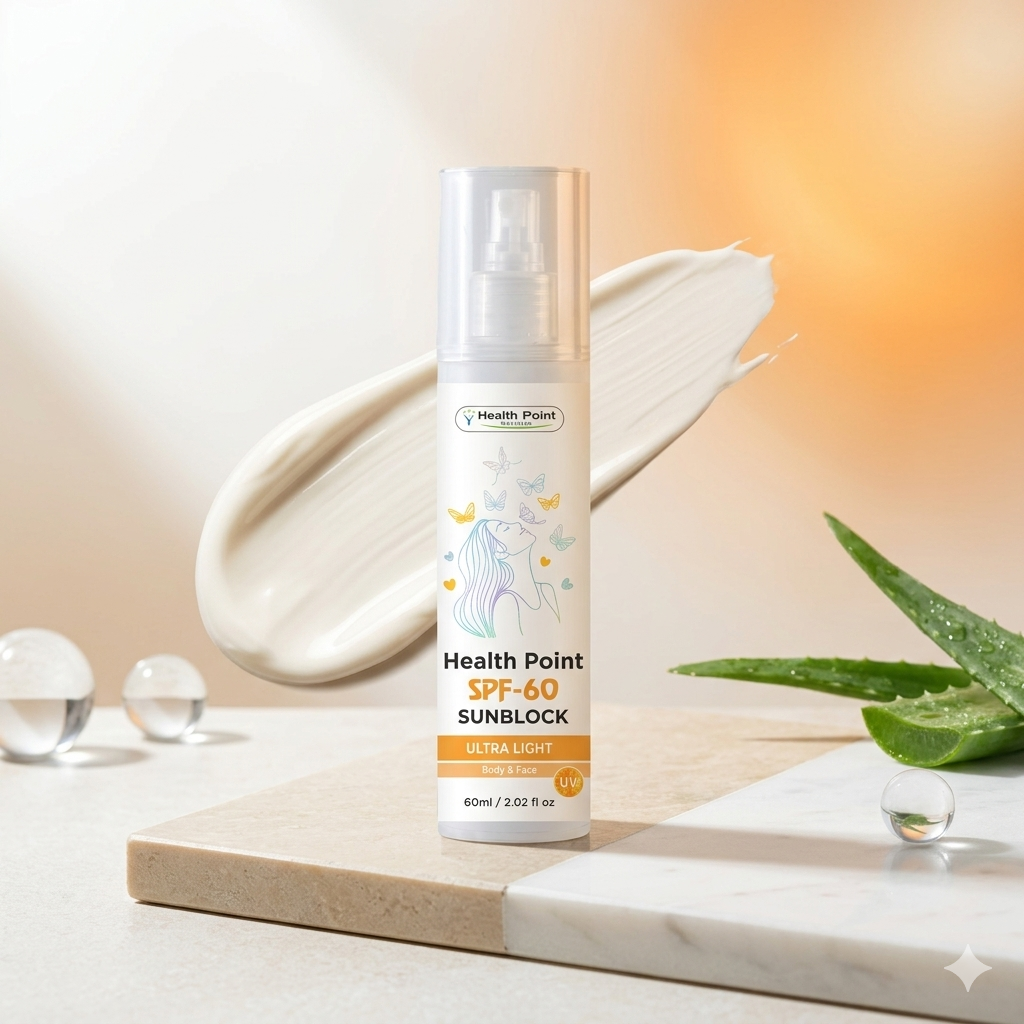 Health Point SPF-60 Sunblock, Ultra Light with Aloe Vera. Creamy, fast-absorbing texture with no white cast, perfect for daily wear.