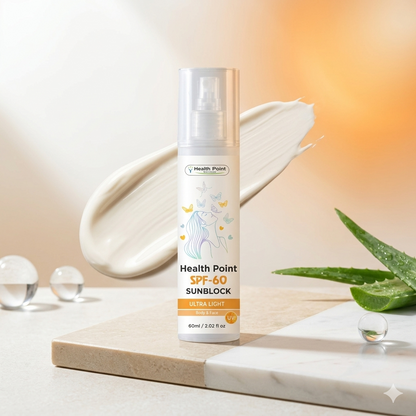 Health Point SPF-60 Sunblock, Ultra Light with Aloe Vera. Creamy, fast-absorbing texture with no white cast, perfect for daily wear.