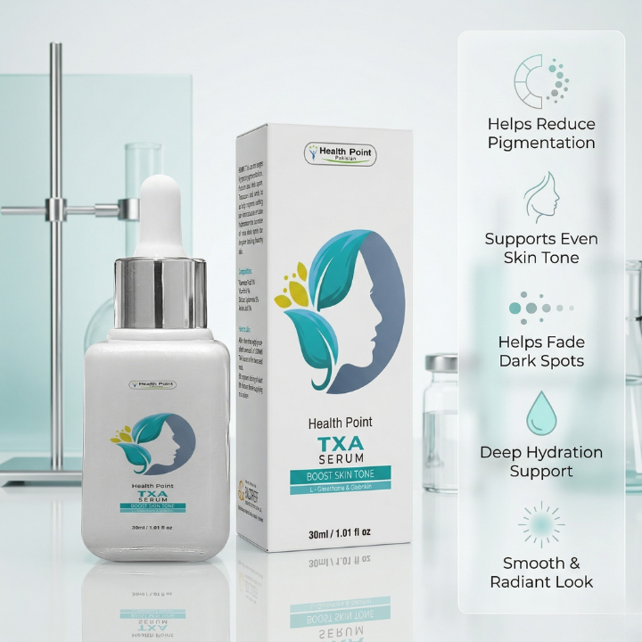 Health Point TXA Serum clinical ingredient image with tranexamic acid vitamin A azelaic acid and sodium hyaluronate in Pakistan