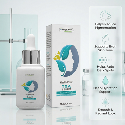 Health Point TXA Serum clinical ingredient image with tranexamic acid vitamin A azelaic acid and sodium hyaluronate in Pakistan