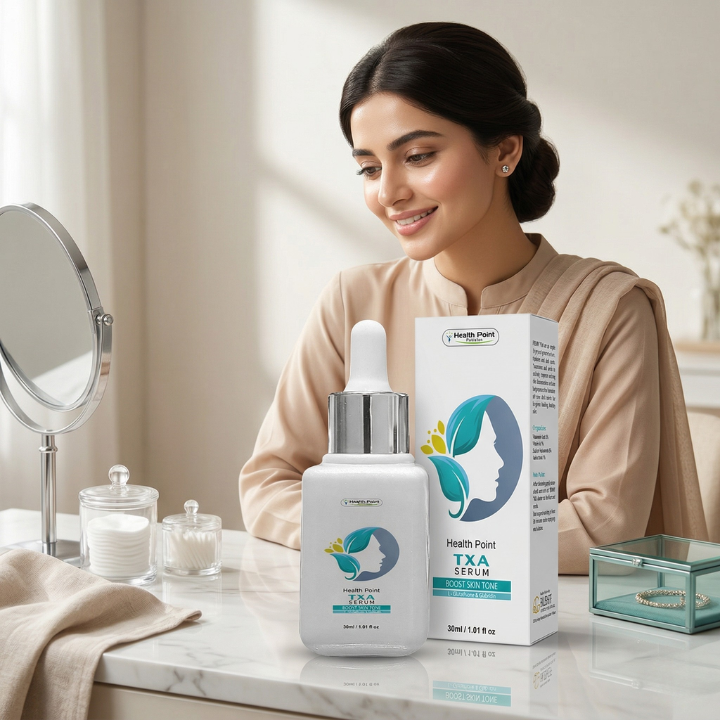 Health Point TXA Serum lifestyle skincare image for glowing skin dark spot care and pigmentation support in Pakistan