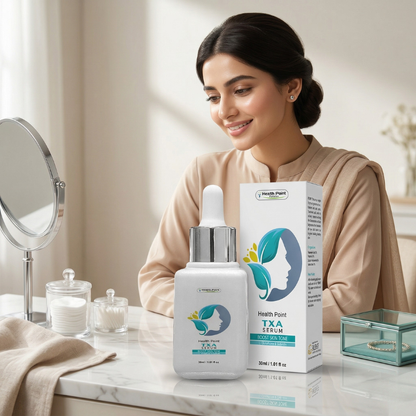 Health Point TXA Serum lifestyle skincare image for glowing skin dark spot care and pigmentation support in Pakistan