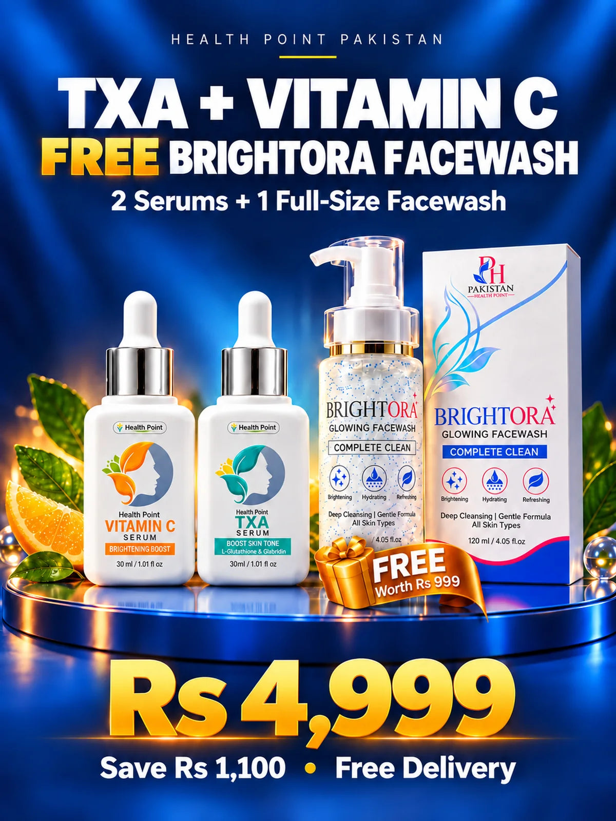 Health Point TXA Serum 30 ml and Vitamin C Serum 30 ml with free Brightora Glowing Facewash 120 ml, Rs 4,999 with free delivery.