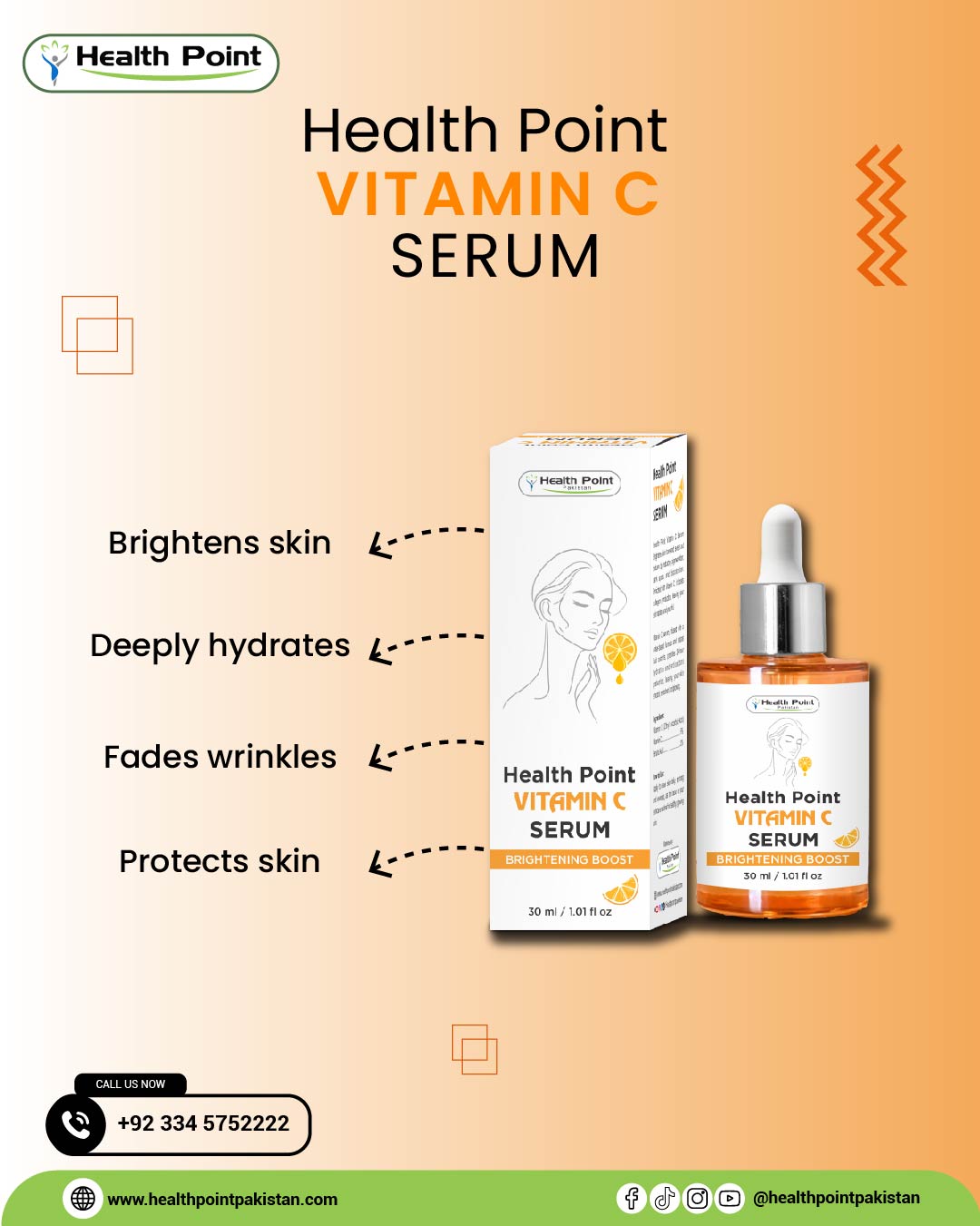 Health Point Vitamin C Serum 30ml brightening boost bottle and box. Benefits include brightening skin, deep hydration, fading wrinkles, and protecting skin. Dermatologist-recommended skincare for glowing skin in Pakistan.