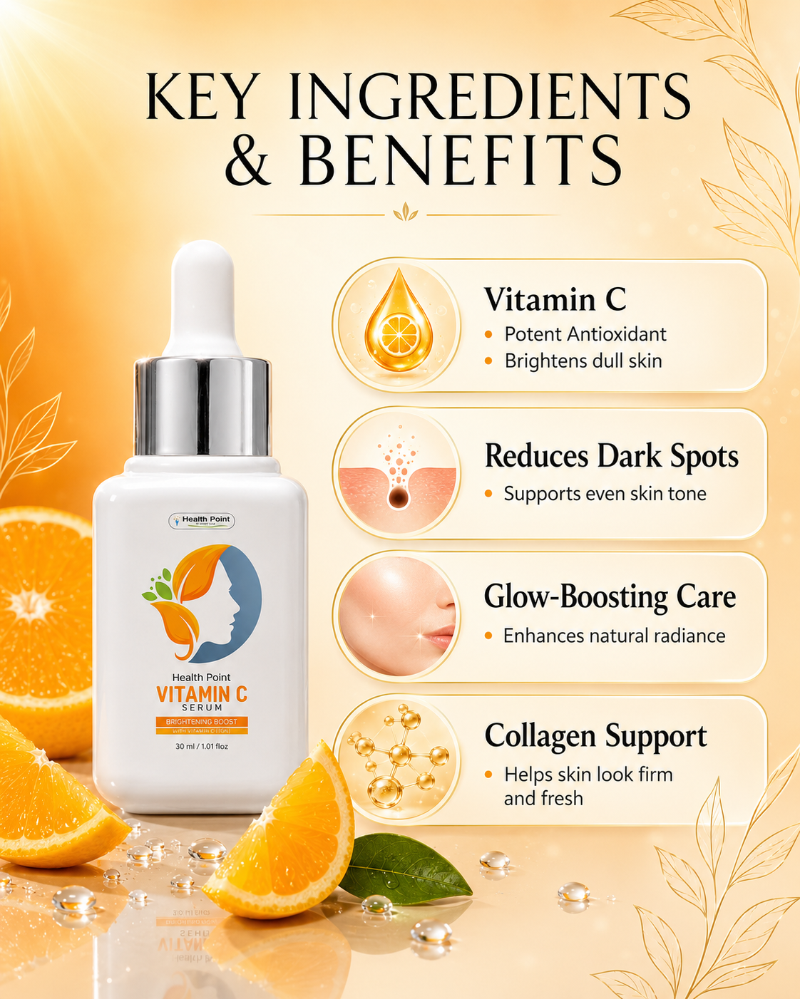 Health Point Vitamin C Serum key ingredients and benefits infographic showing Vitamin C antioxidant, dark spot reduction, glow-boosting care and collagen support