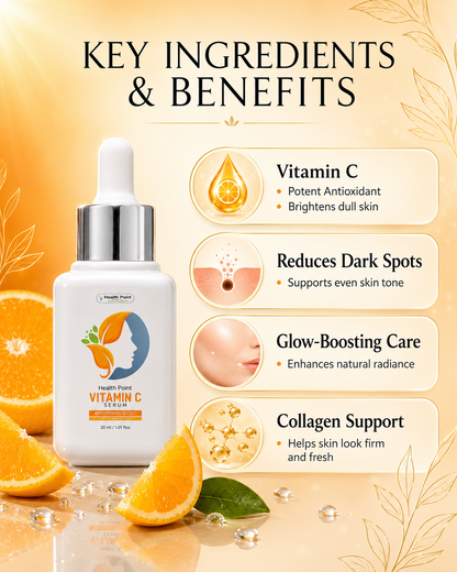 Health Point Vitamin C Serum key ingredients and benefits infographic showing Vitamin C antioxidant, dark spot reduction, glow-boosting care and collagen support