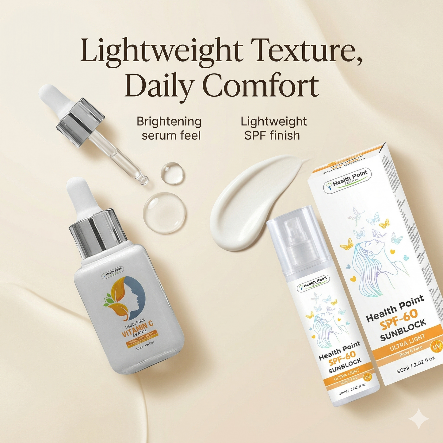 Texture and finish image of Health Point Vitamin C Serum and SPF 60 Sunblock bundle for lightweight daily skincare in Pakistan