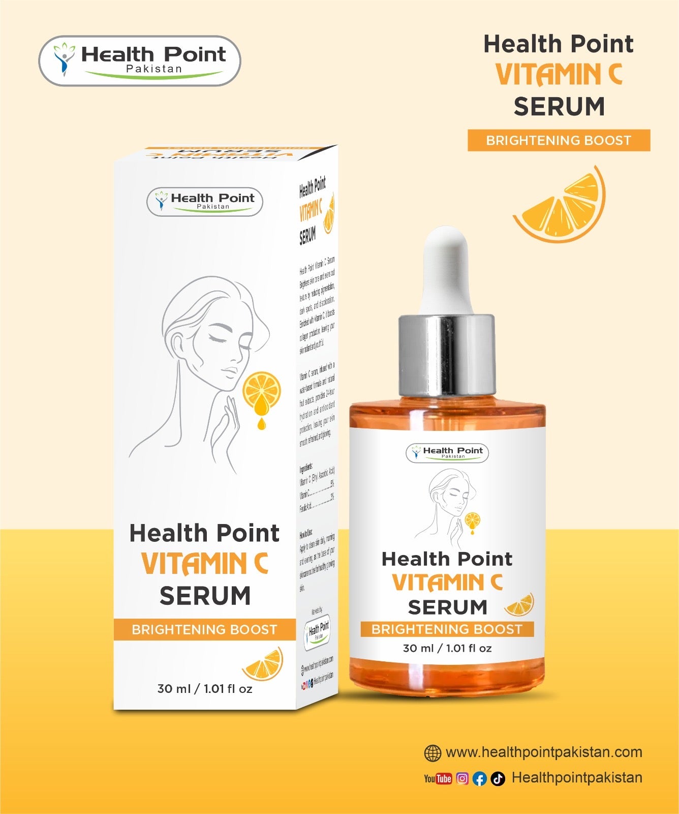 Health Point Vitamin C Serum bottle and packaging with highlighted skin benefits: brightens, hydrates, reduces wrinkles, and protects skin. Best Vitamin C serum for glowing skin in Pakistan.