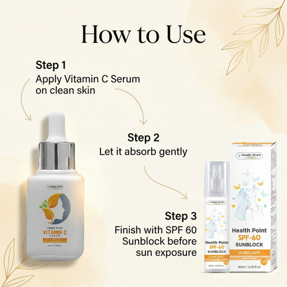 How to use Health Point Daily Glow Duo with Vitamin C Serum first and SPF 60 Sunblock after in a daily morning skincare routine