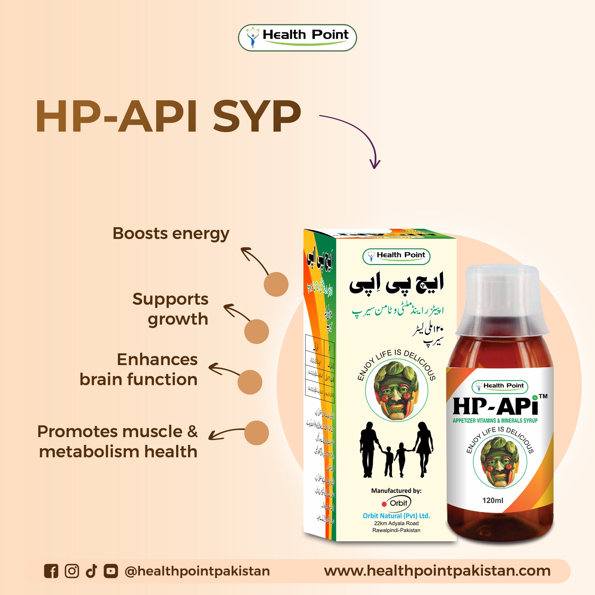 HP-API syrup in Pakistan highlighting benefits for energy, growth, brain function and metabolism health