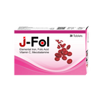 J-FOL dietary supplement box containing iron, folic acid, vitamin B12 and vitamin C tablets for blood health and energy suppor