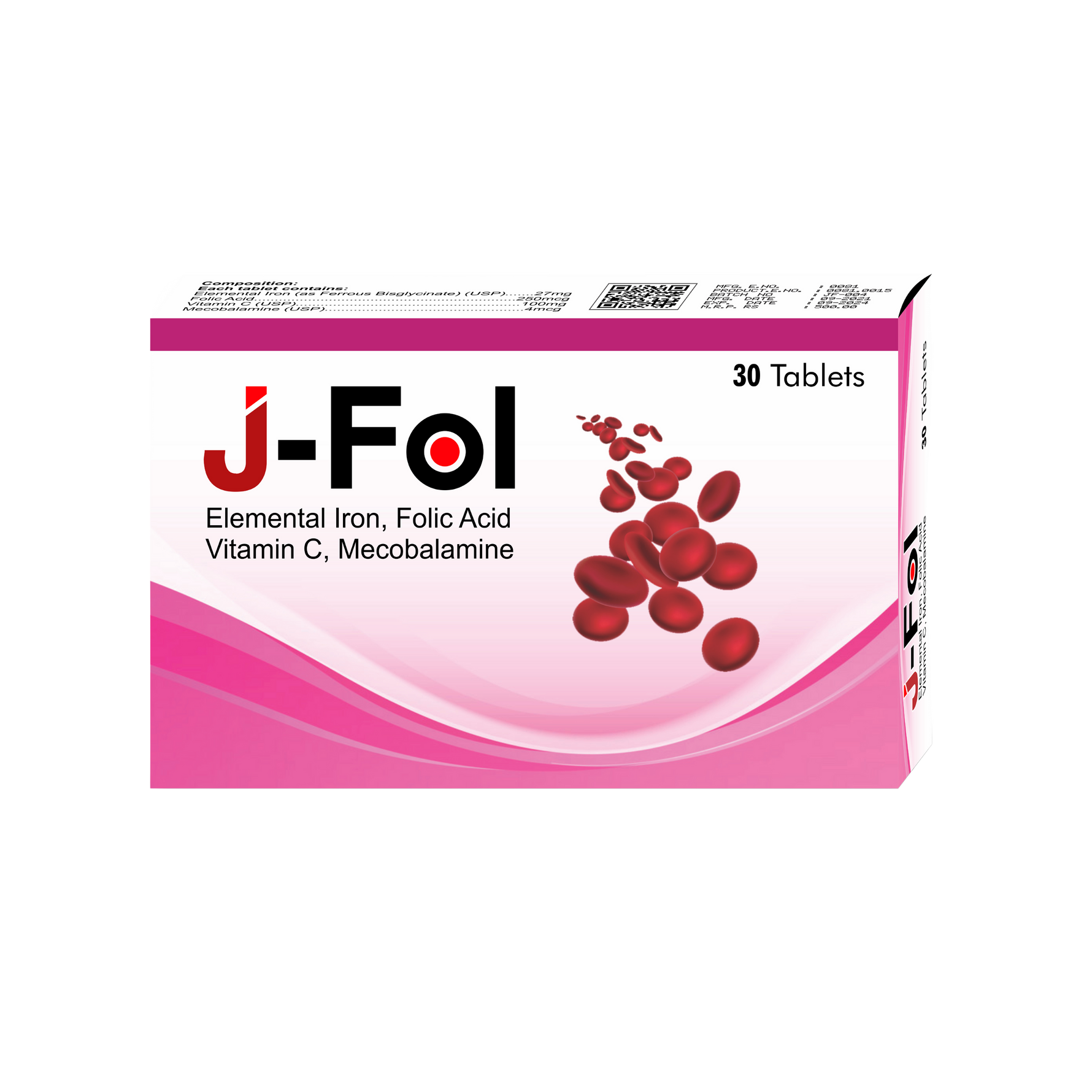 J-FOL dietary supplement box containing iron, folic acid, vitamin B12 and vitamin C tablets for blood health and energy suppor
