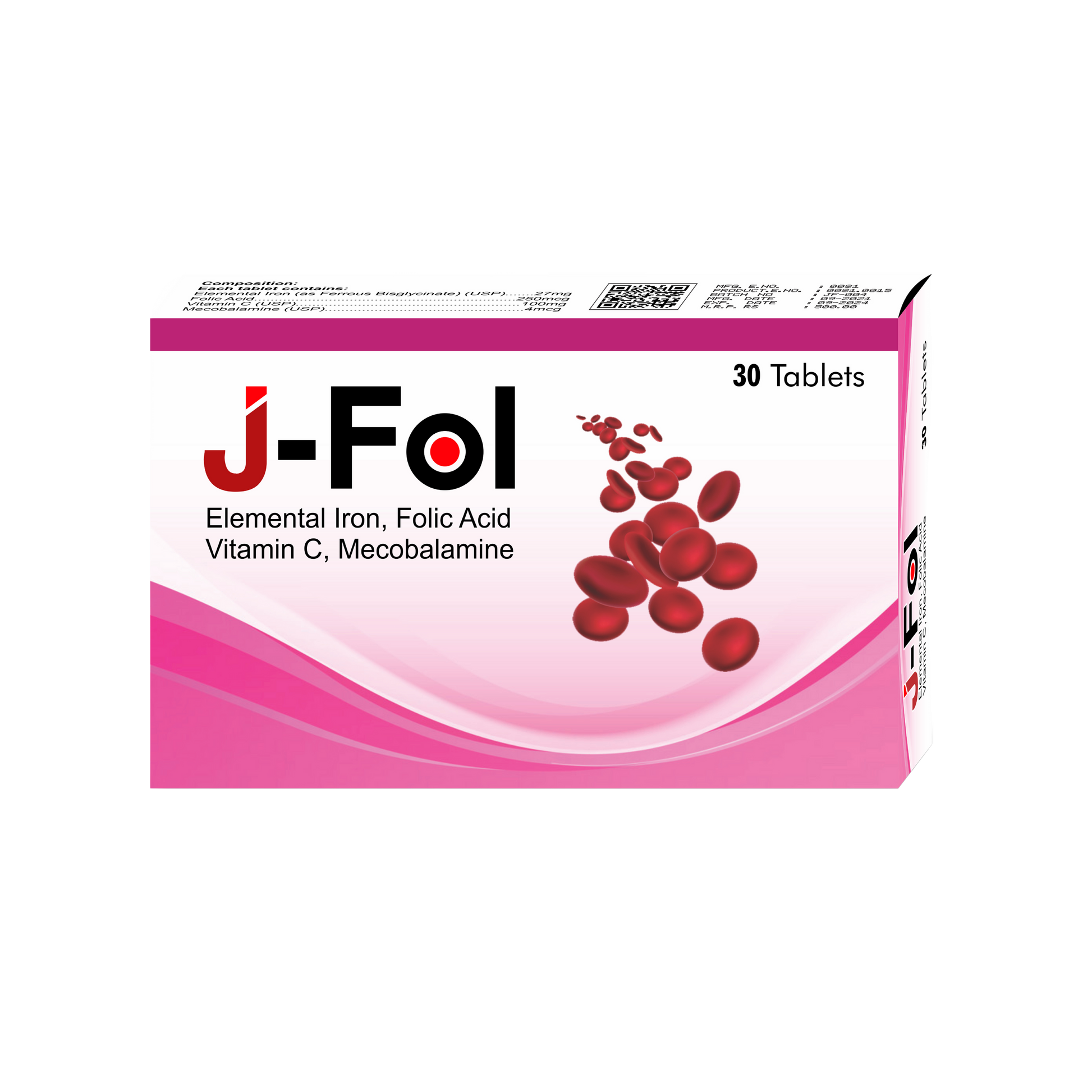 J-FOL dietary supplement box containing iron, folic acid, vitamin B12 and vitamin C tablets for blood health and energy suppor