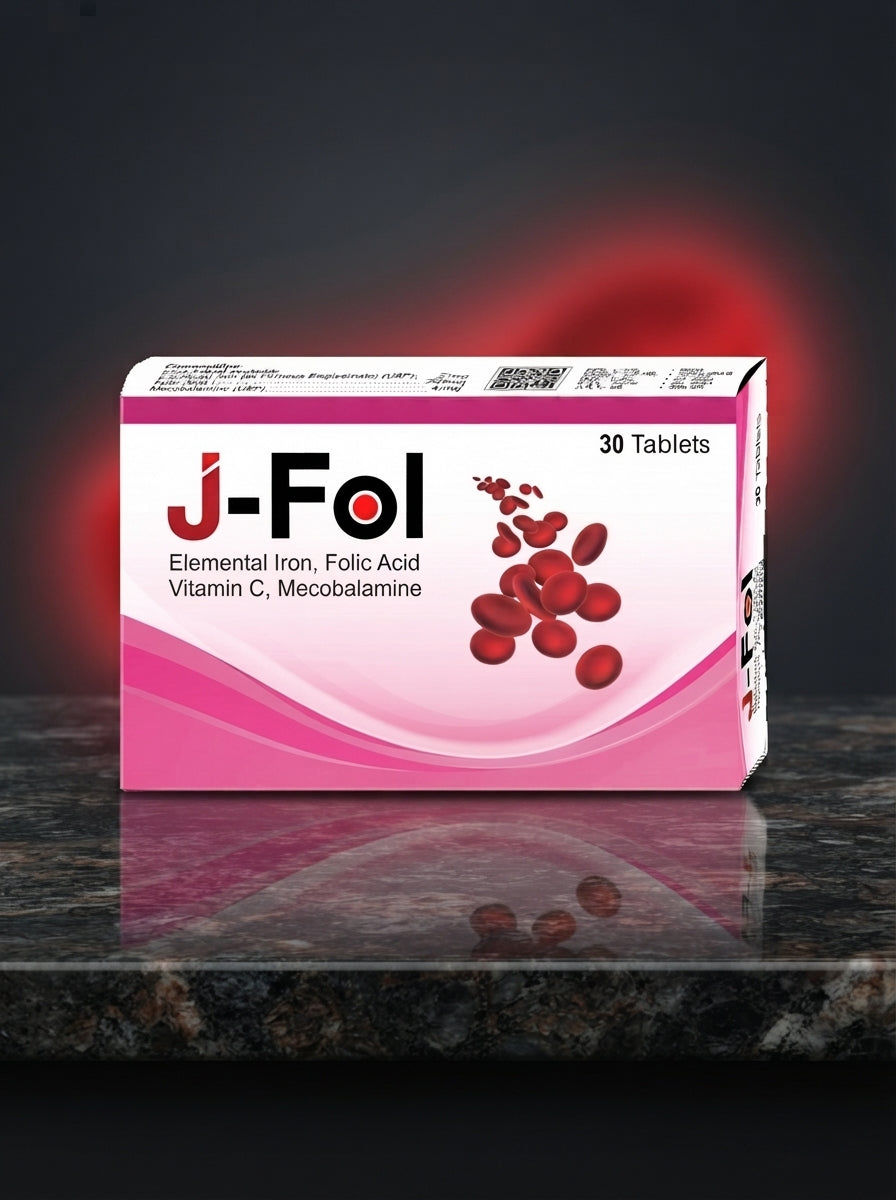 J-Fol iron tablets box – best iron supplement in Pakistan with folic acid, B12 and vitamin C