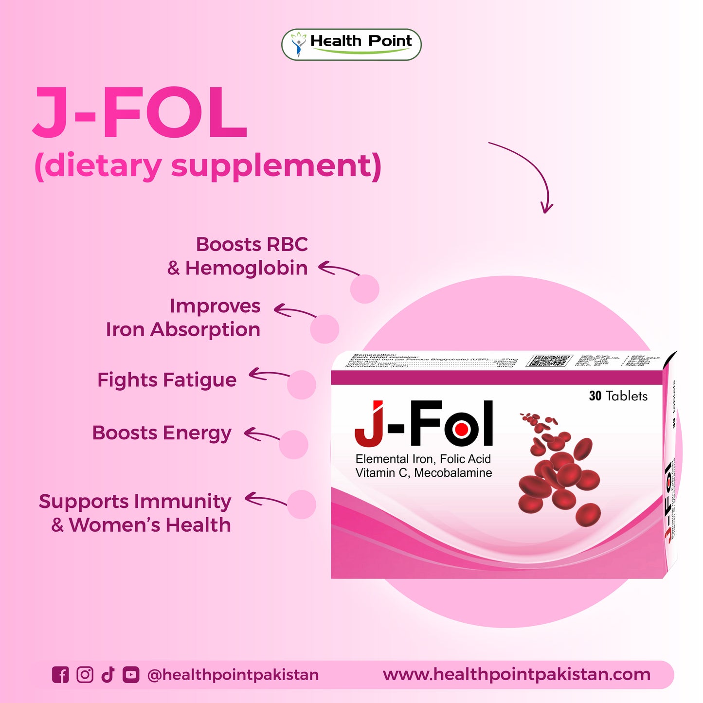 J-FOL iron supplement tablets that boost hemoglobin, improve iron absorption and fight fatigu