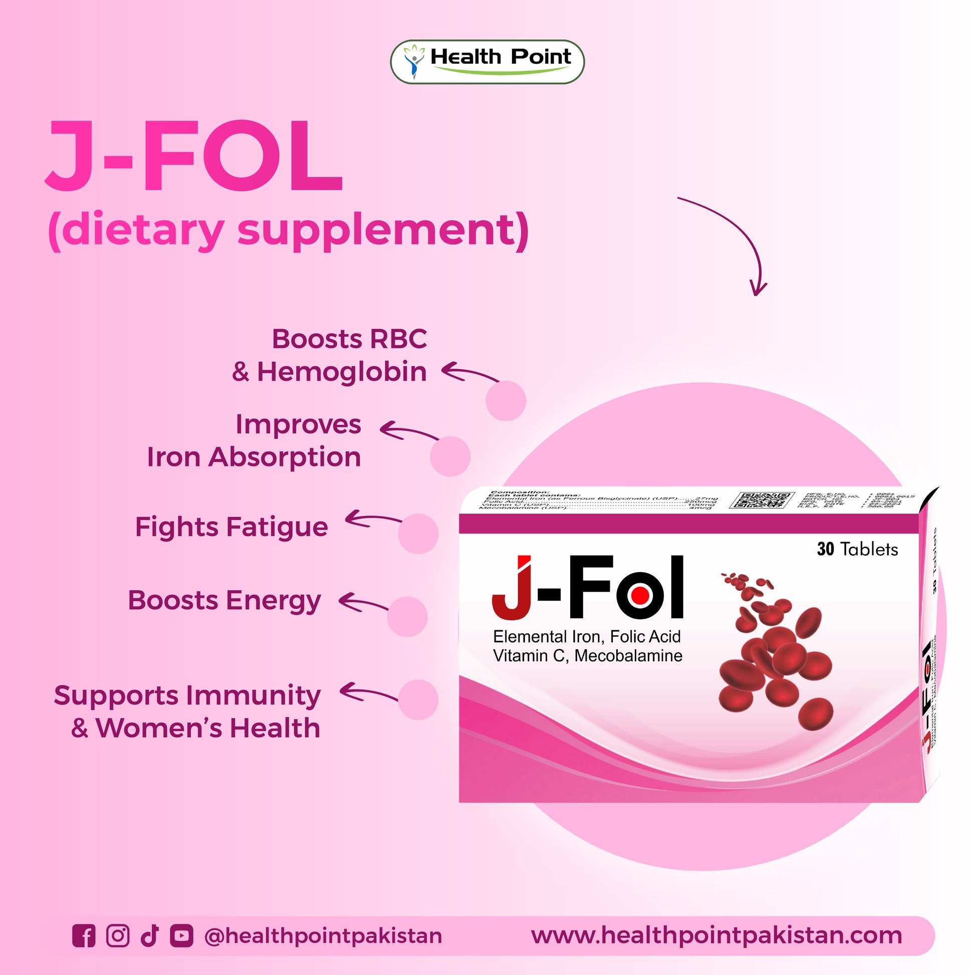 J-FOL iron supplement tablets that boost hemoglobin, improve iron absorption and fight fatigu