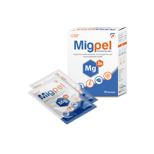 Migpel Magnesium & Zinc Supplement Sachets, best magnesium sulphate and zinc formula in Pakistan for immunity, energy, pregnancy support, and migraine relief.