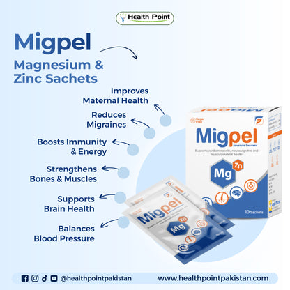 Migpel magnesium and zinc sachets highlighting benefits for immunity boost, energy production and muscle support