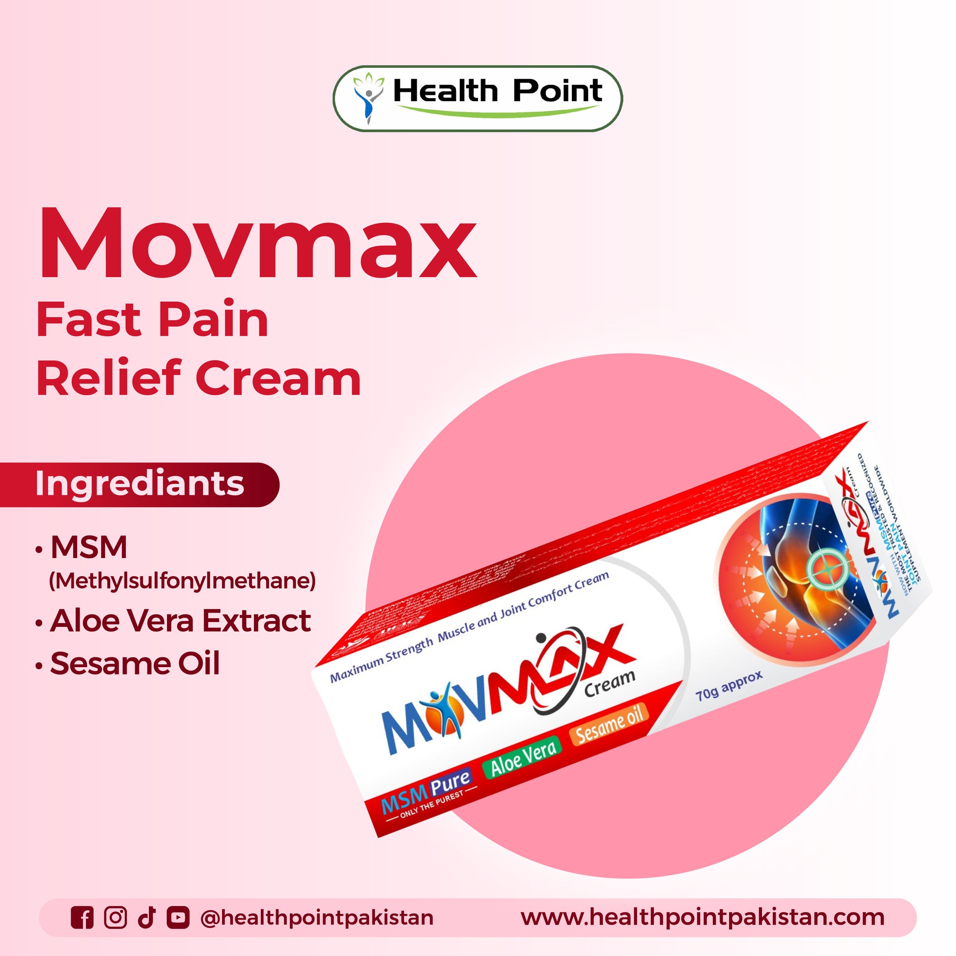 Movmax cream with MSM, aloe vera extract and sesame oil for pain relief and inflammation support