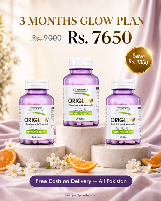 Origlow 3 Month Glow Plan with three Glutathione and Vitamin C bottles for Rs. 7650 in Pakistan