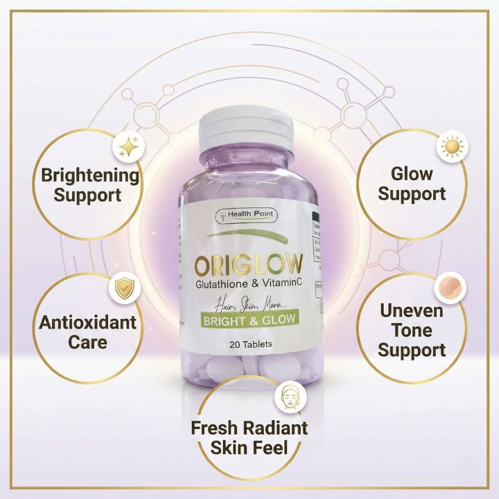 Origlow Glutathione and Vitamin C tablets benefits image for brightening glow and uneven skin tone support