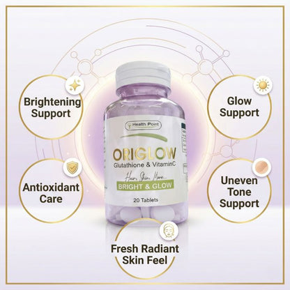Origlow Glutathione and Vitamin C tablets benefits image for brightening glow and uneven skin tone support