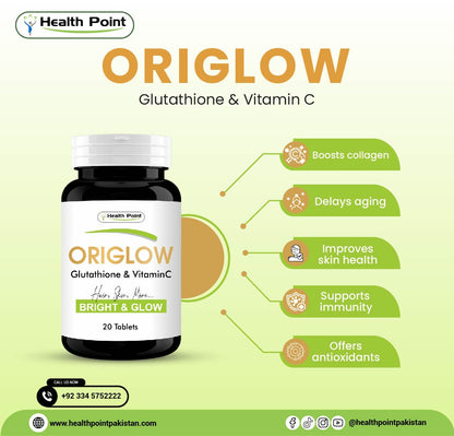 Origlow Tablets by Health Point – Best Glutathione and Vitamin C Supplement for Skin Whitening, Anti-Aging, and Glowing Skin in Pakistan