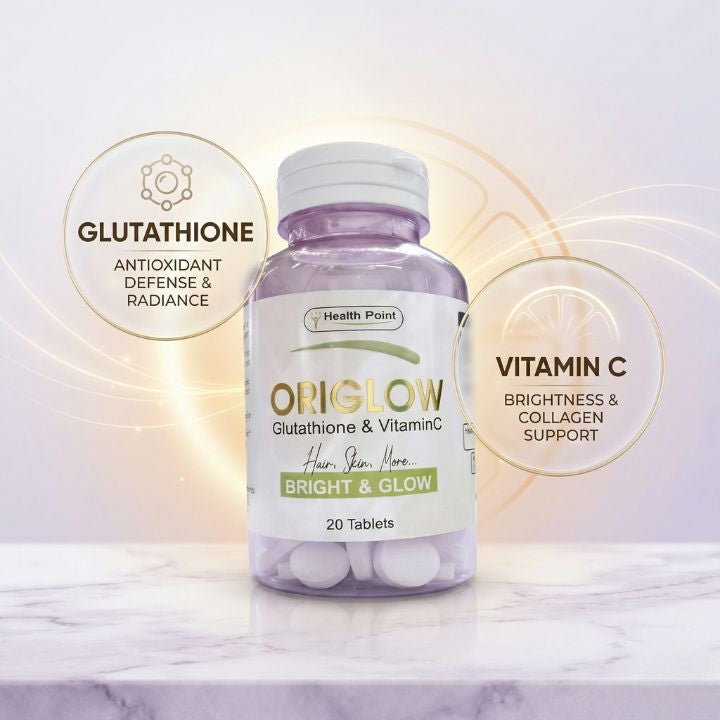 Origlow tablets ingredient image showing Glutathione and Vitamin C for skin radiance and antioxidant support