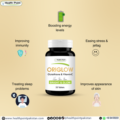 Origlow Glutathione and Vitamin C tablets for healthy, radiant skin by Health Point Pakistan