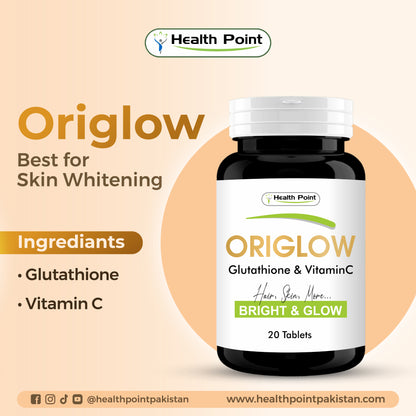 Origlow glutathione and vitamin C tablets in Pakistan for skin whitening, dark spot reduction and glowing skin