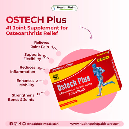 OSTECH Plus joint care supplement highlighting benefits for osteoarthritis pain relief, flexibility and strong bones