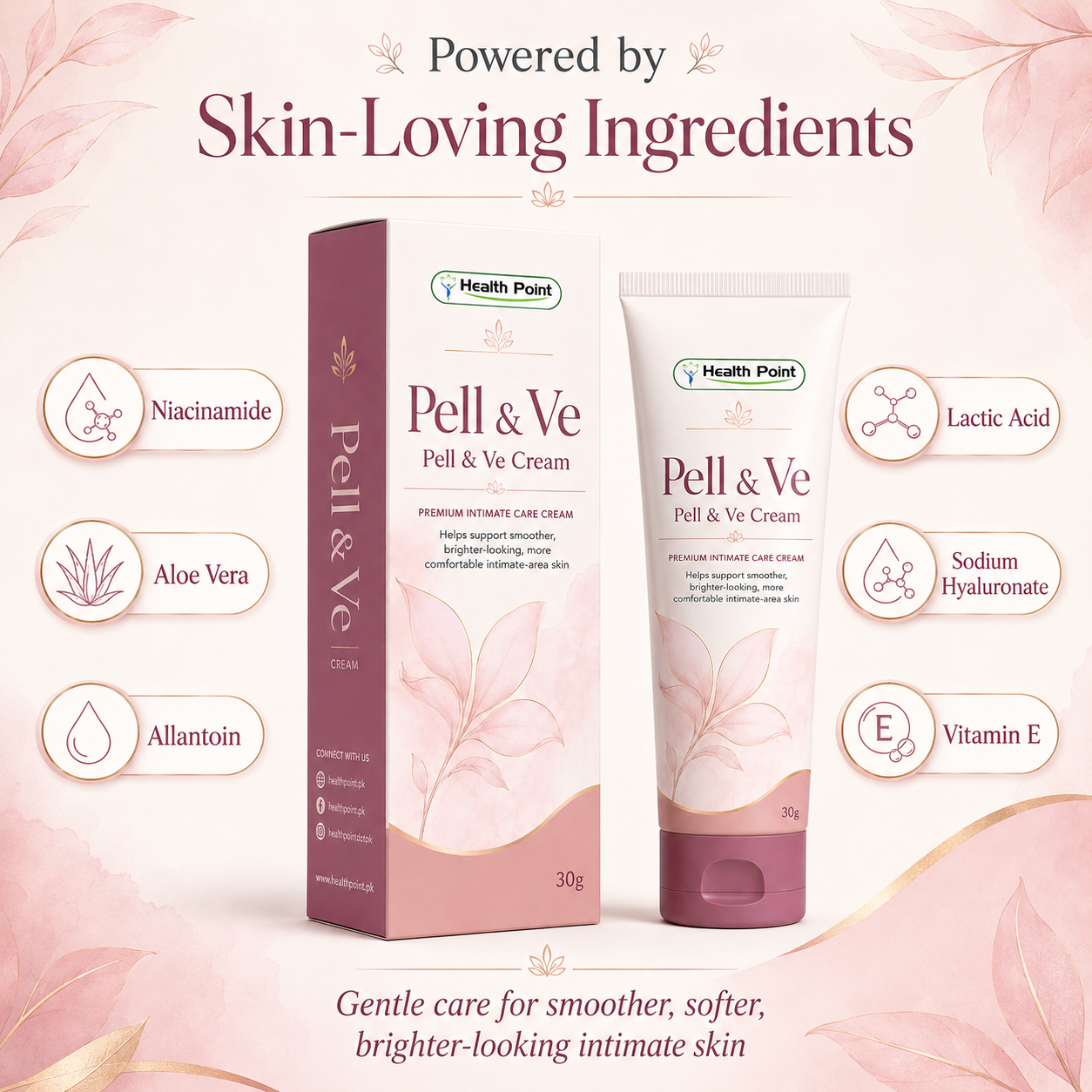 Pell and Ve Cream ingredient image featuring niacinamide aloe vera allantoin lactic acid sodium hyaluronate and vitamin E by Health Point Pakistan