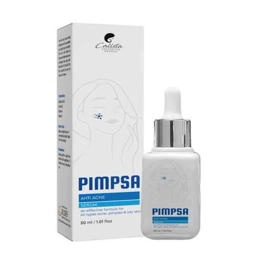 Packaging and bottle of Pimpsa Anti-Acne Serum, showing the product name and key ingredients such as Salicylic Acid, Tea Tree Oil, Vitamin A & E.
