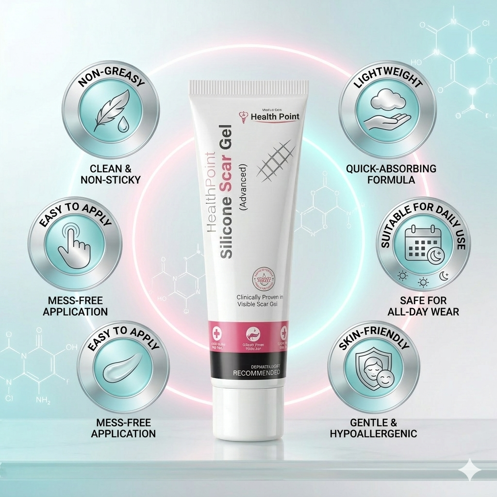 Modern white tube of effective scar removal gel for old and new scars, including acne marks and stretch marks. Professional skincare.