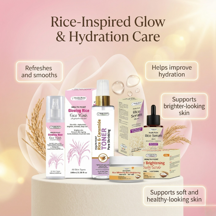 Rice Glow Bundle ingredients and benefits image with hydration brightening and skin smoothing support