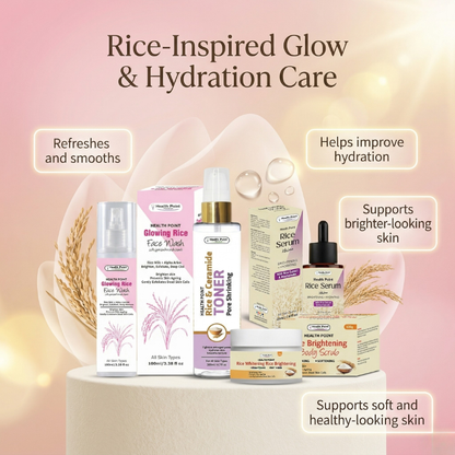 Rice Glow Bundle ingredients and benefits image with hydration brightening and skin smoothing support