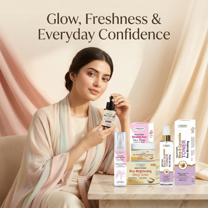 Rice Glow Bundle lifestyle image with glowing skin fresh hydrated look and premium skincare products