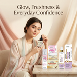 Rice Glow Bundle lifestyle image with glowing skin fresh hydrated look and premium skincare products